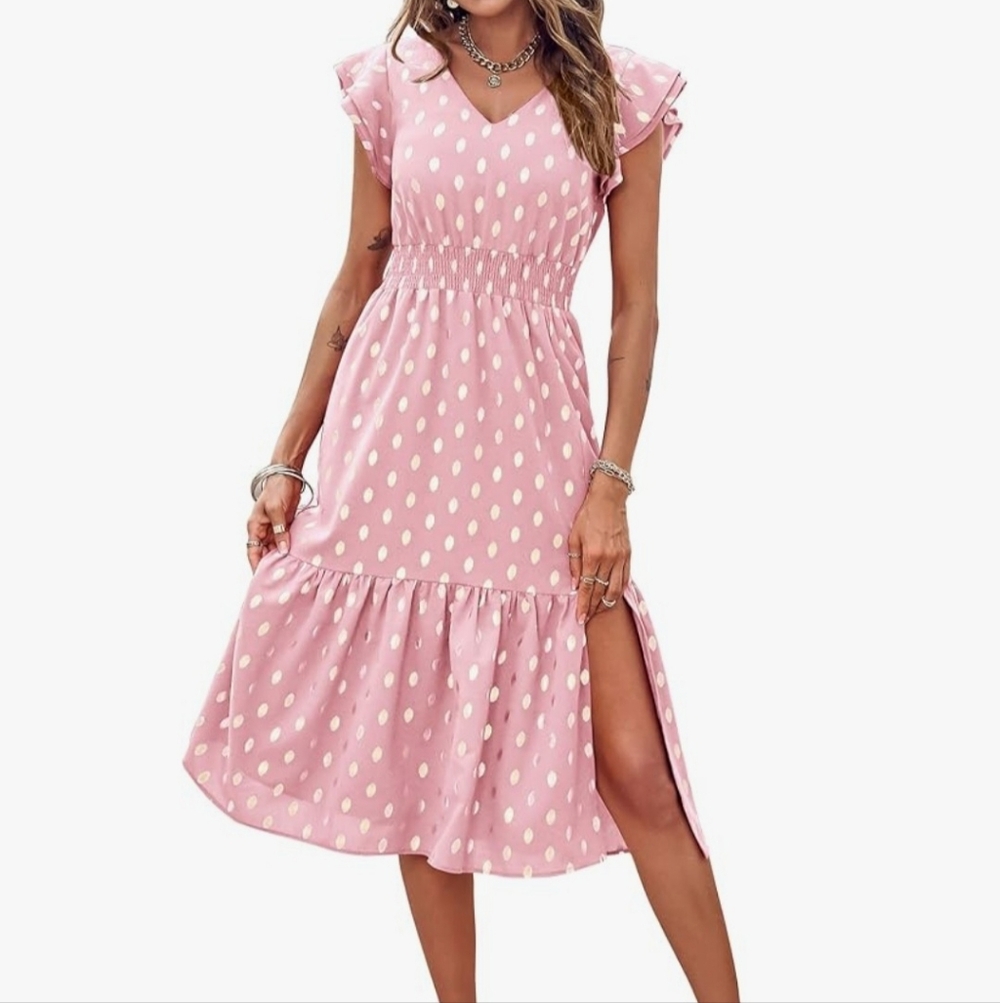 NWT Kirundo Summer Polka Dot Pink Midi Dress With Ruffle Sleeve Size Large